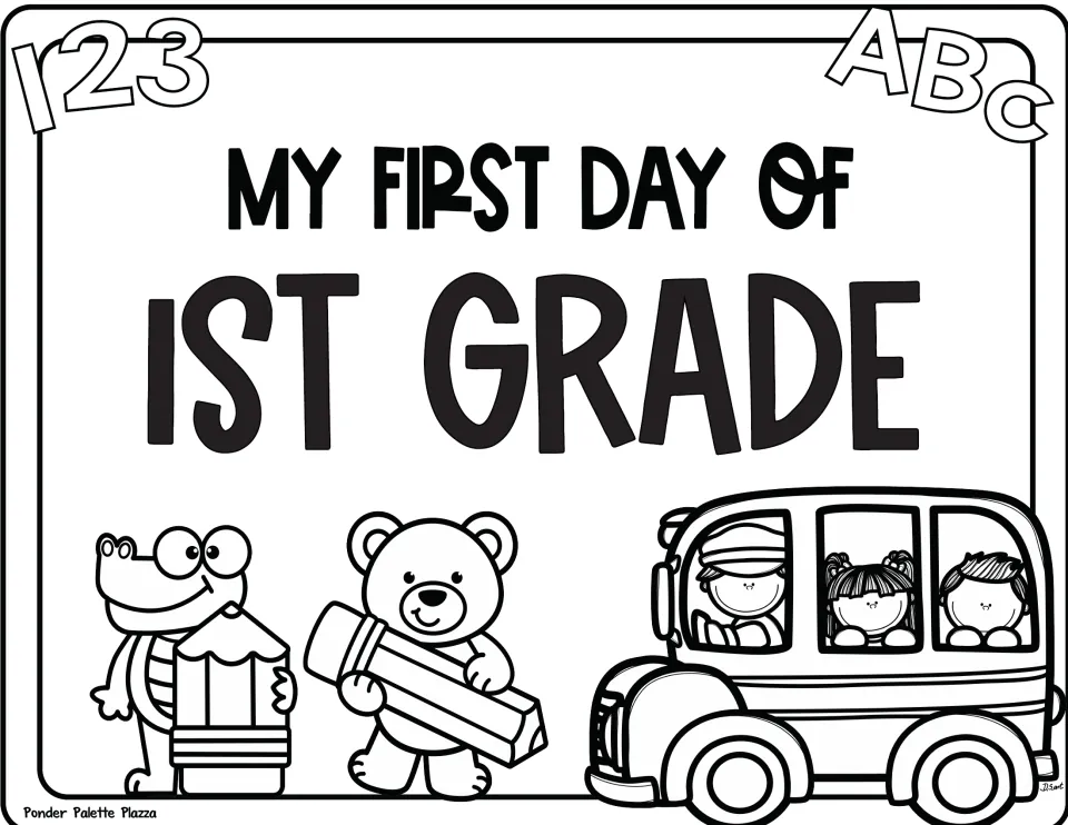 Coloring version of "My First Day of 1st Grade": first graders color the bold heading, crocodile, bear and school bus