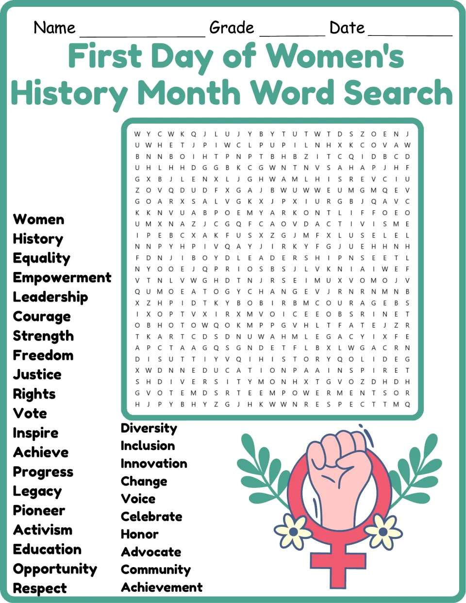Women's History Month word search in color: students find 30 words such as equality, courage, vote and pioneer