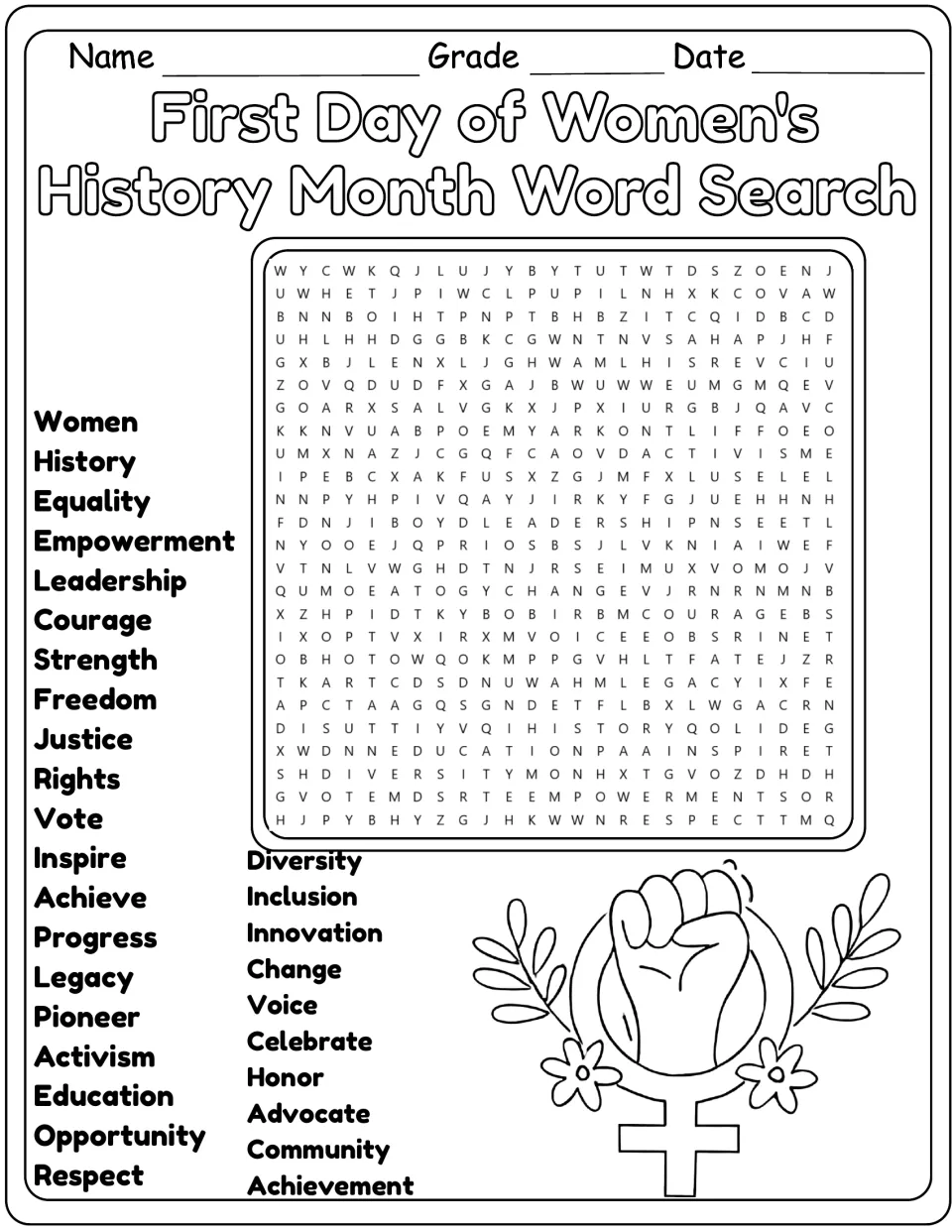 Black-and-white Women's History Month word search: hunt for 30 terms like empowerment, justice, activism and legacy