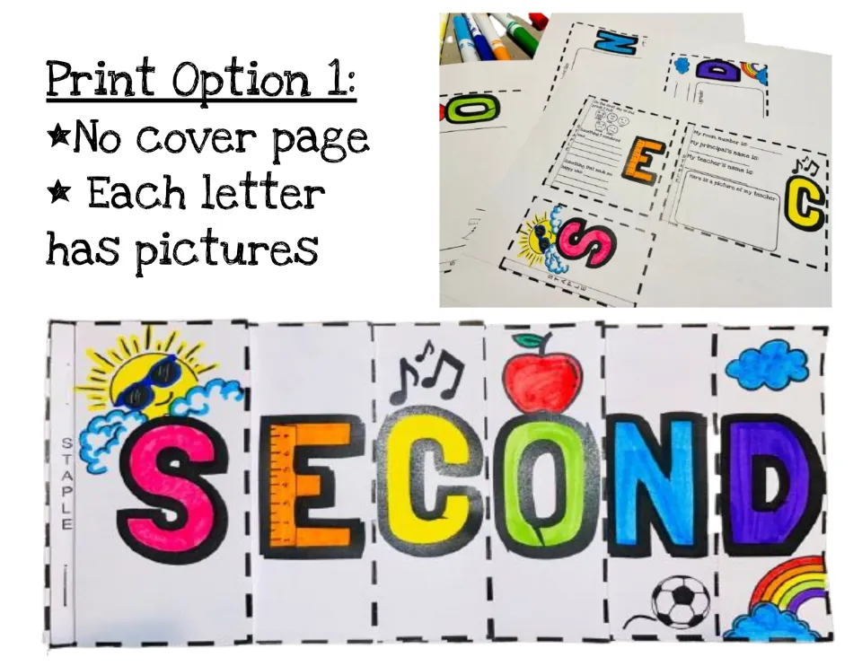 Print Option 1 explained: no cover page and each letter has pictures, shown with a colored SECOND flip book sample