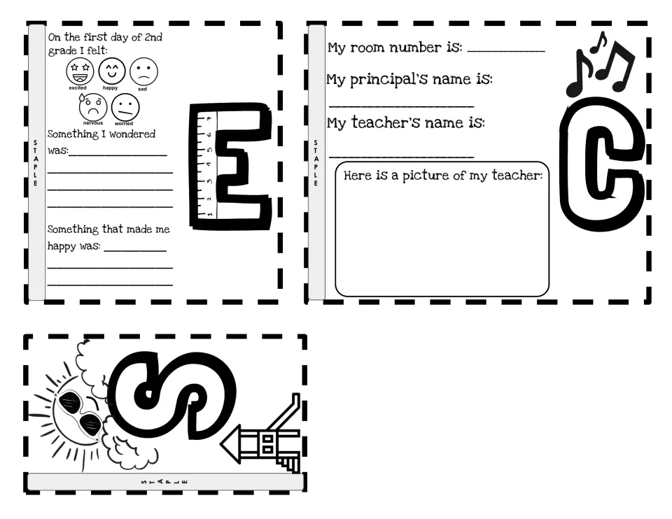 Flip book cut-out pieces S, E and C with pictures: first-day feelings, wonderings, room number and a teacher drawing