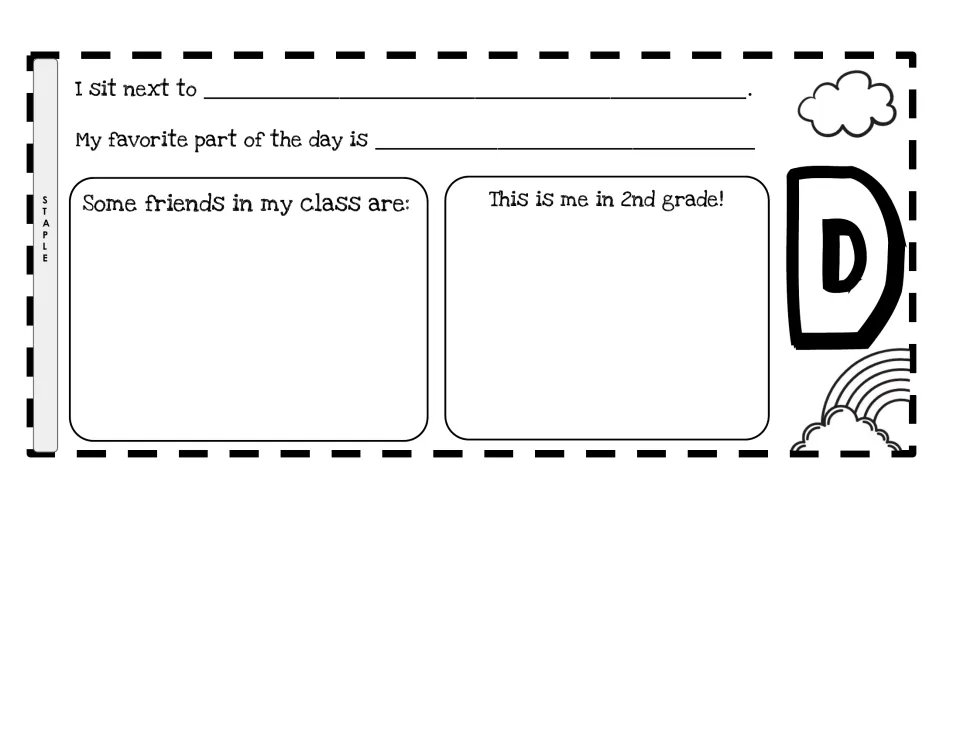Letter D cut-out piece: students write their seat neighbor and favorite time of day, then draw friends and themselves