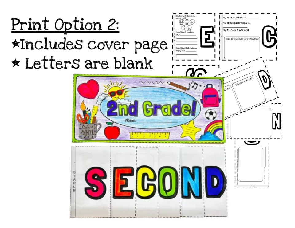Print Option 2 explained: includes a cover page and letters are blank, shown with a colored cover and SECOND tabs