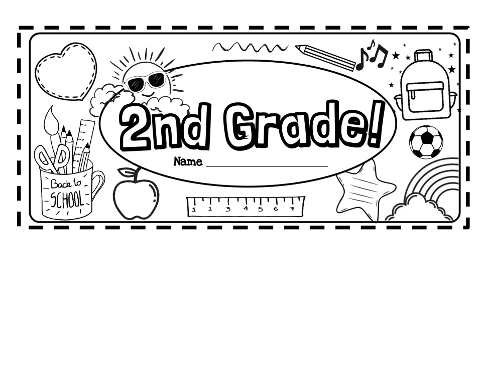 2nd Grade! cover to color: students write their name and color doodles of a backpack, apple, ruler, sun and star