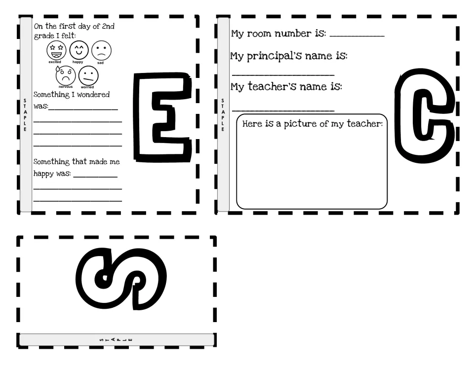 Plain S, E and C cut-out pieces: first-day feelings, wonderings, room number, principal and teacher drawing