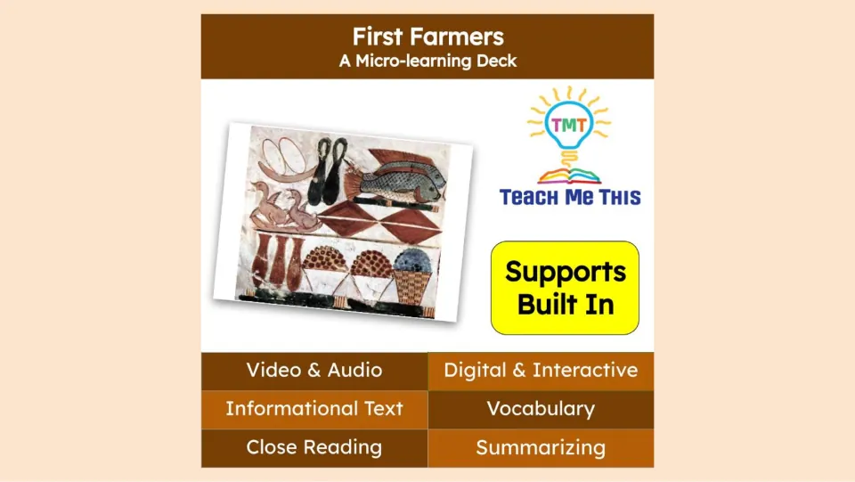 First Farmers cover identifies a micro-learning deck with video, audio, vocabulary, and summarizing.
