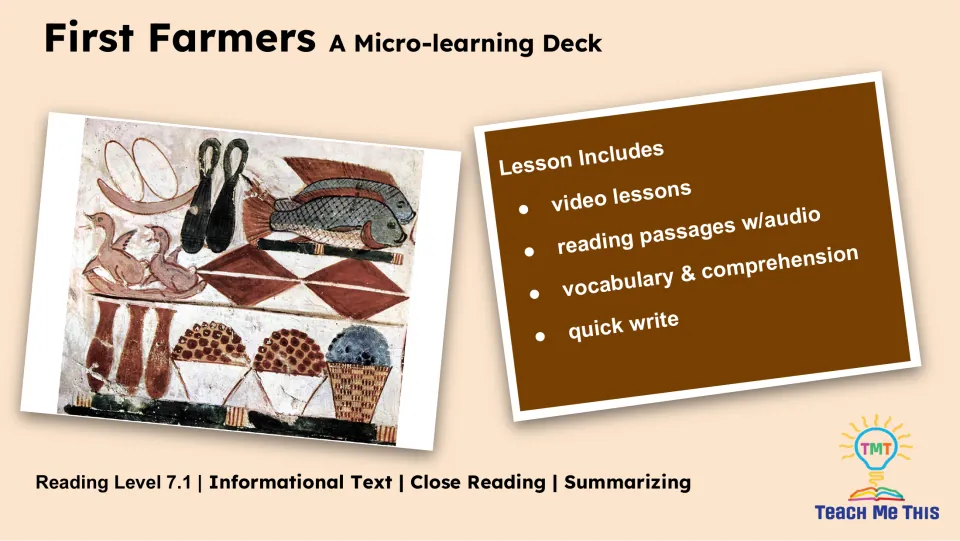 Lesson overview lists video lessons, reading passages with audio, vocabulary, comprehension, and a quick write.