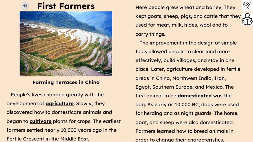 Reading passage part 1 explains farming in the Fertile Crescent, crops, domesticated animals, and tools.