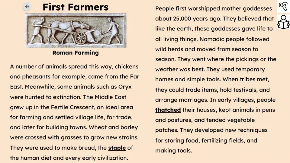 Reading passage part 2 covers animal spread, staple grains, nomadic life, beliefs, and early village practices.