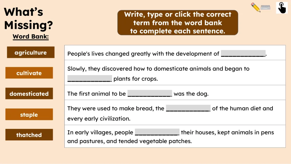 What's Missing? activity asks students to complete five sentences about early farming using a word bank.