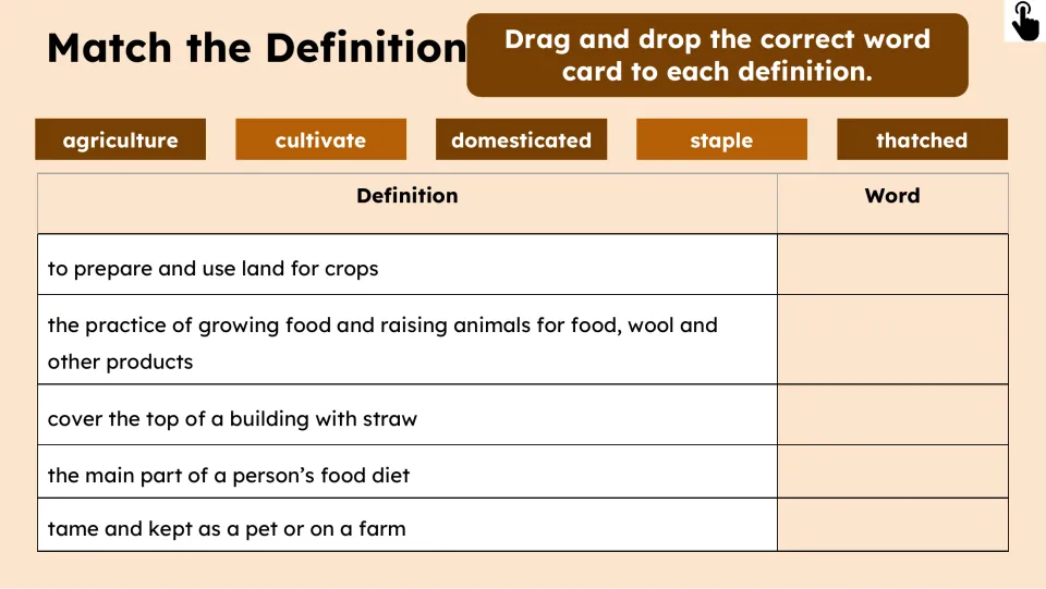 Vocabulary matching activity pairs five definitions with agriculture, cultivate, domesticated, staple, and thatched.