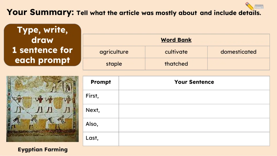Summary activity asks for one sentence each beginning First, Next, Also, and Last, supported by a word bank.