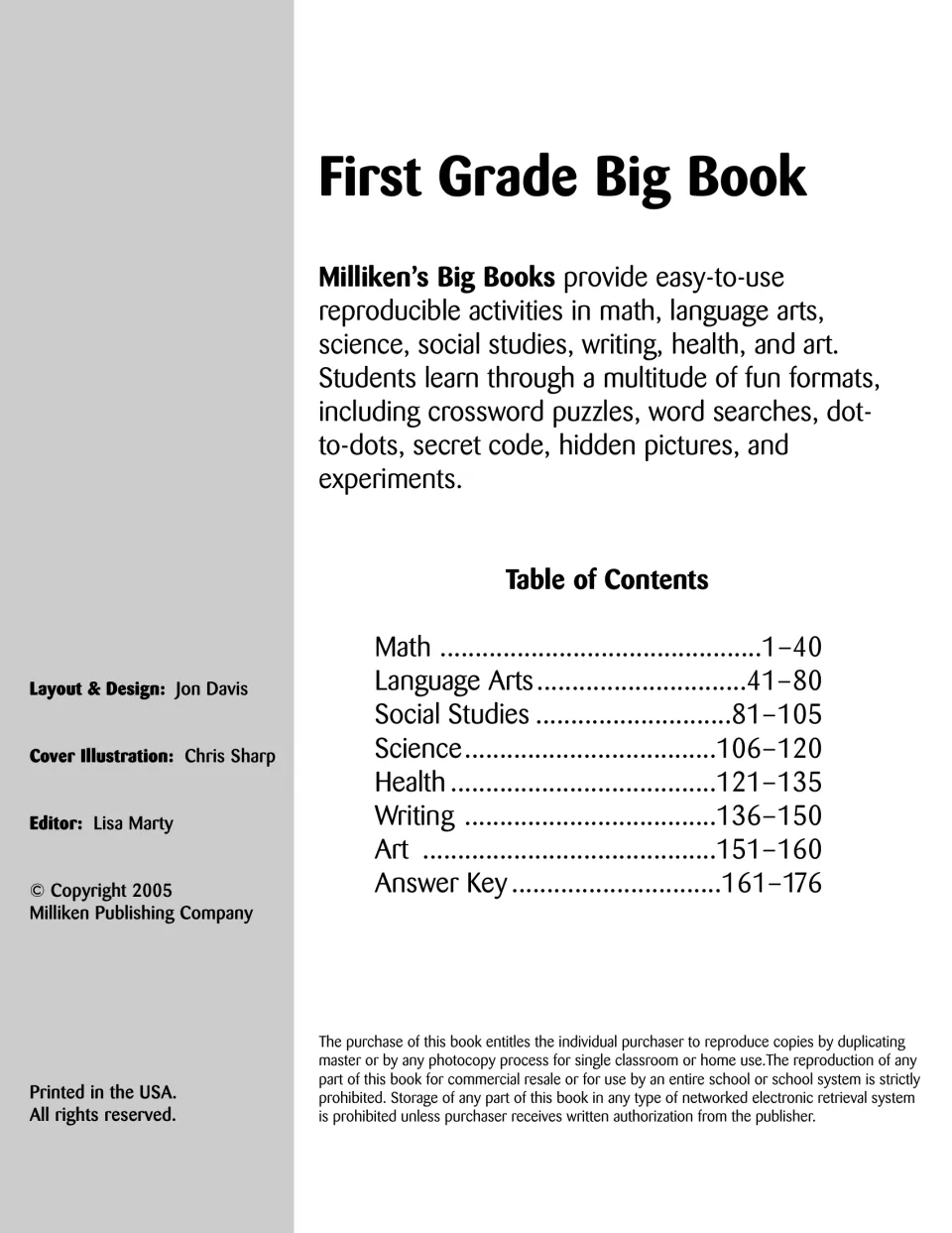 Activity book introduction and contents listing seven subject sections and answer keys on pages 161–176