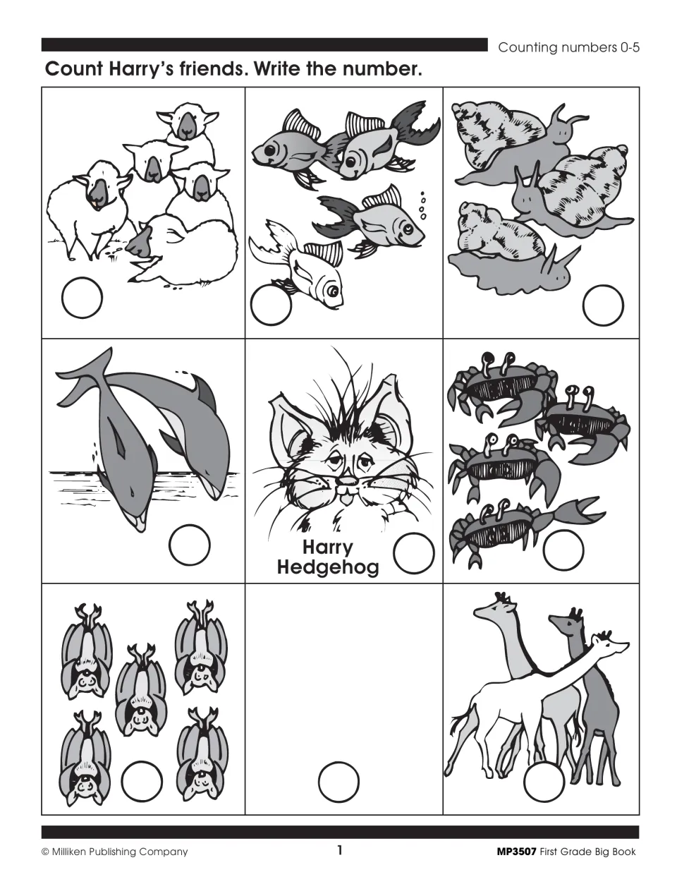 Math activity 1: count Harry’s animal friends and write numbers from 0 to 5, including an empty set