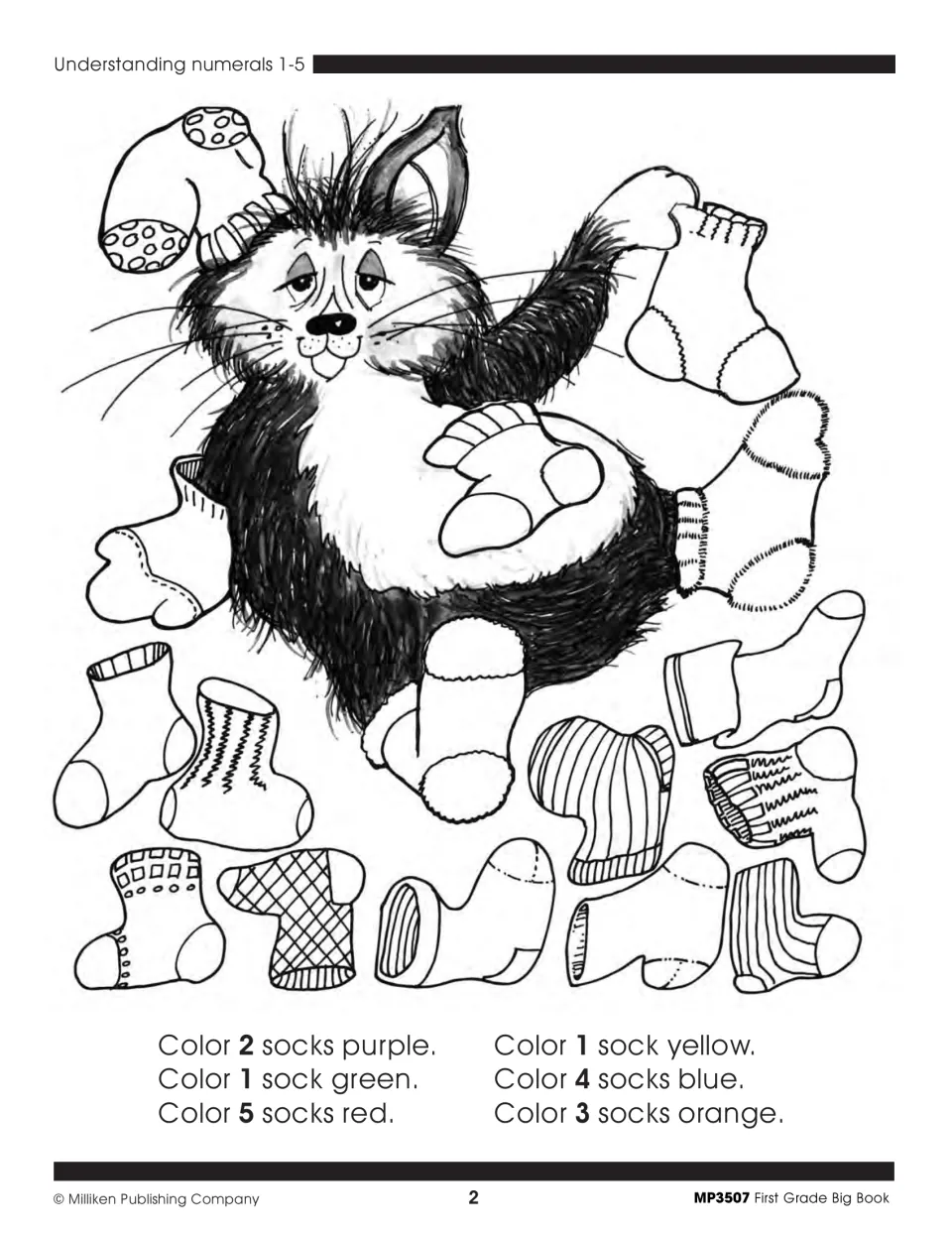 Math activity 2: color sets of 1–5 socks purple, green, red, yellow, blue, and orange as directed