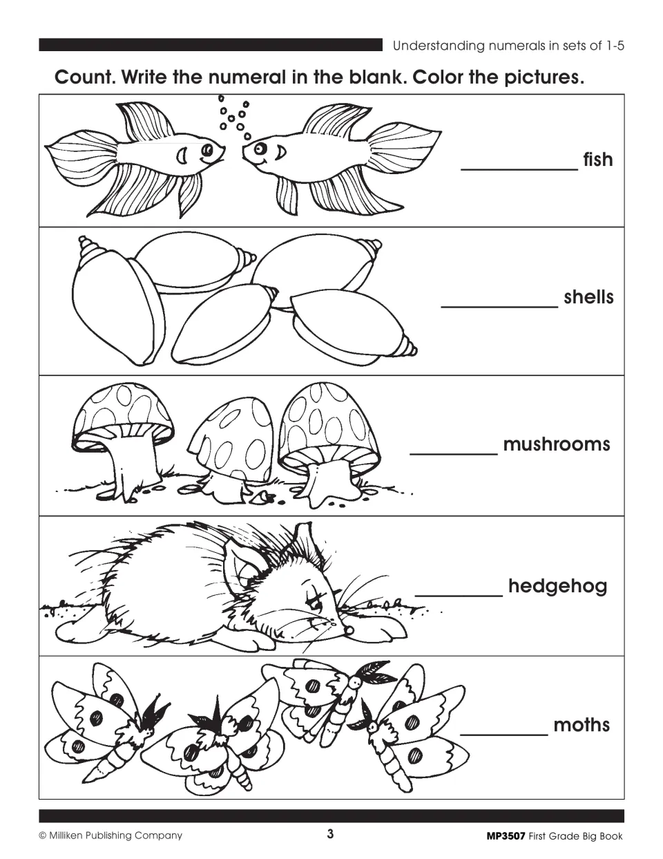 Math activity 3: count sets of 1–5 fish, shells, mushrooms, a hedgehog, and moths; write numerals and color