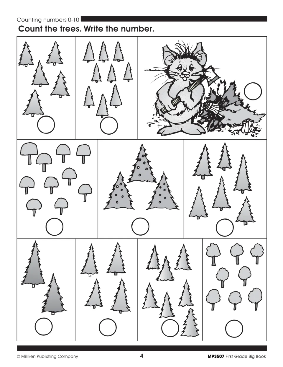 Math activity 4: count pictured groups of trees and write each number to practice counting from 0 to 10