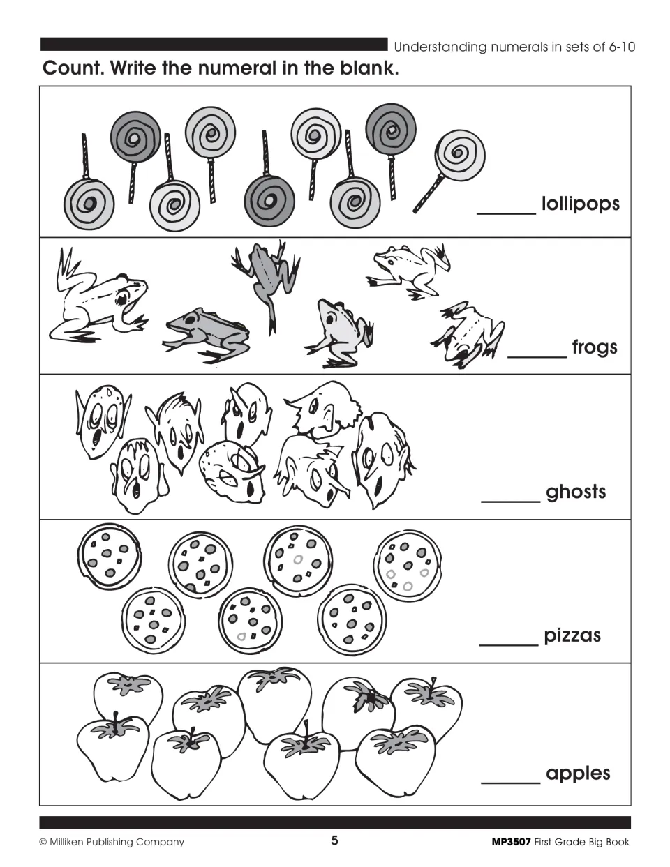 Math activity 5: count lollipops, frogs, ghosts, pizzas, and apples, then write numerals for each set