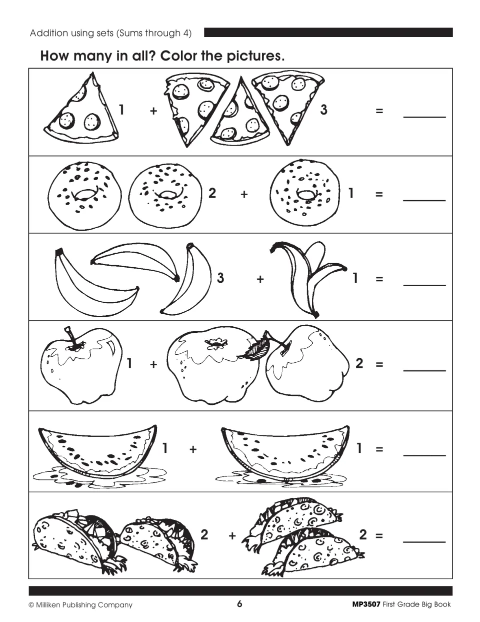 Math activity 6: add pictured food sets for sums through 4, write answers, and color the pictures