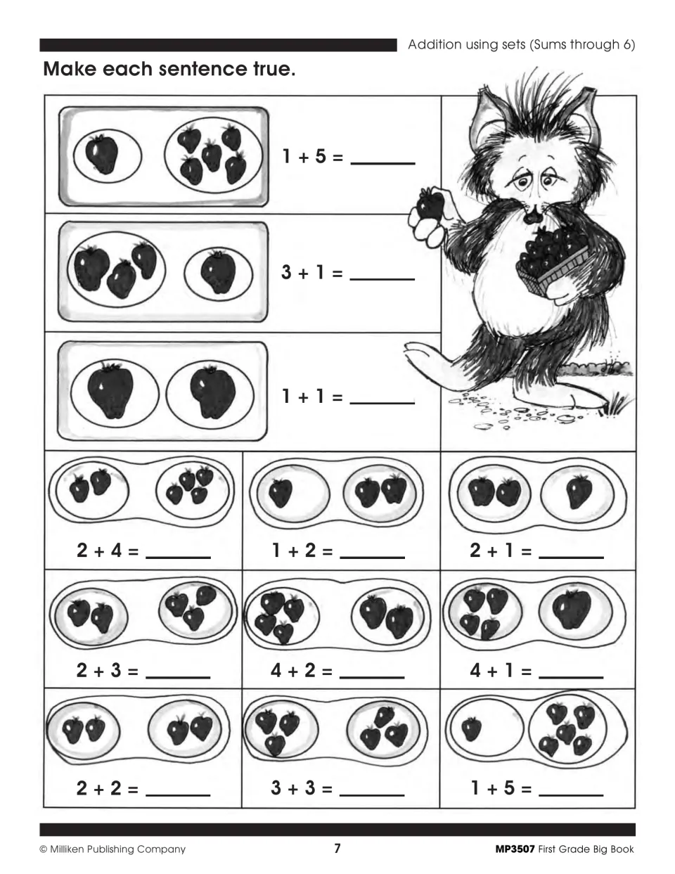 Math activity 7: use pictured strawberry sets to complete 12 addition sentences with sums through 6