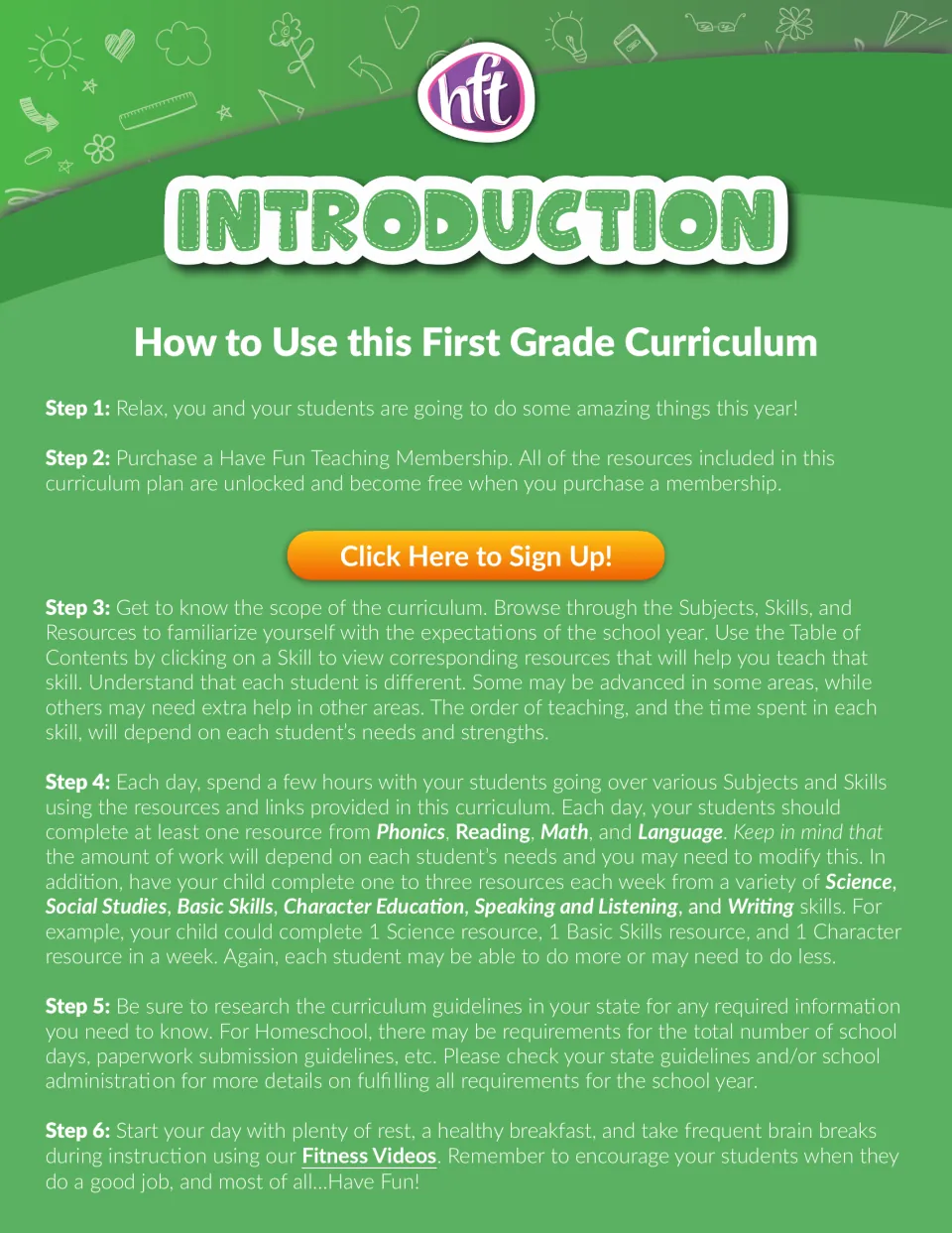 Introduction: six steps for using the plan, from browsing skills by table of contents to daily phonics, reading and math