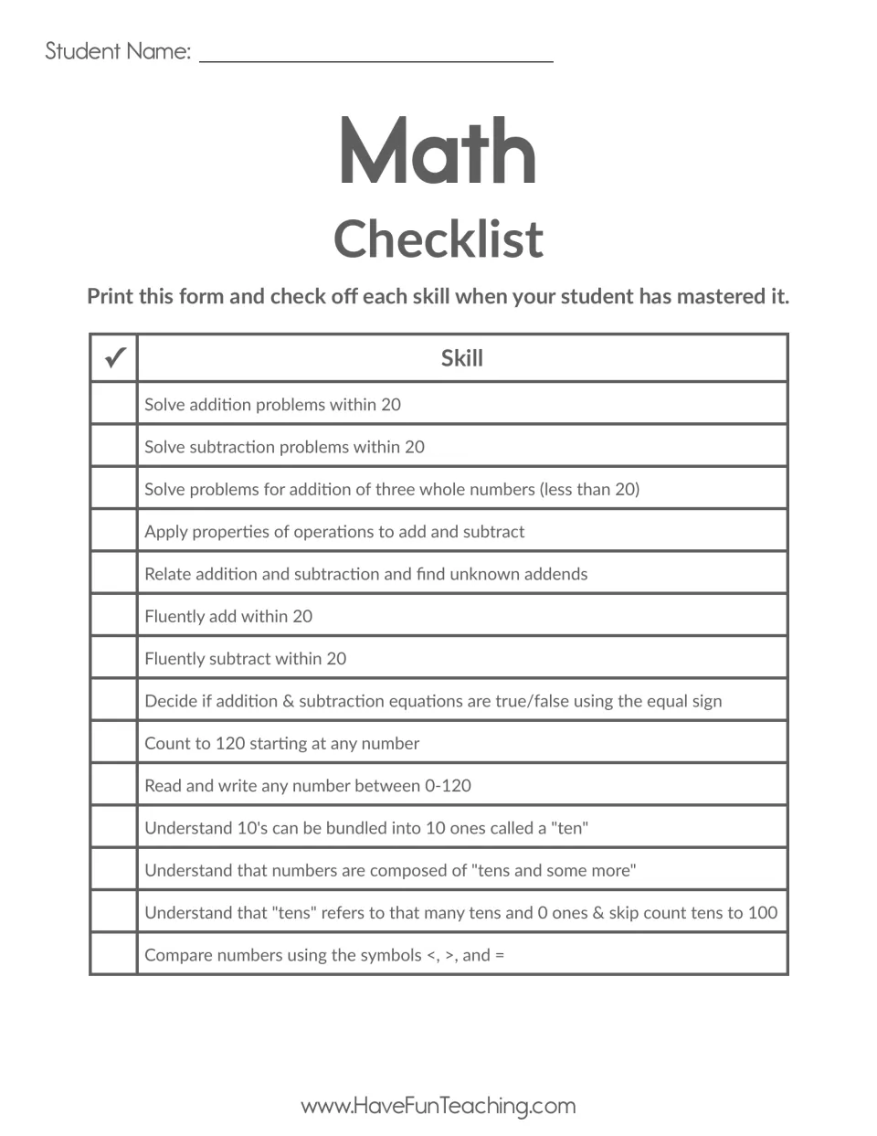 Math checklist part 1: check off skills such as adding and subtracting within 20, counting to 120 and comparing numbers