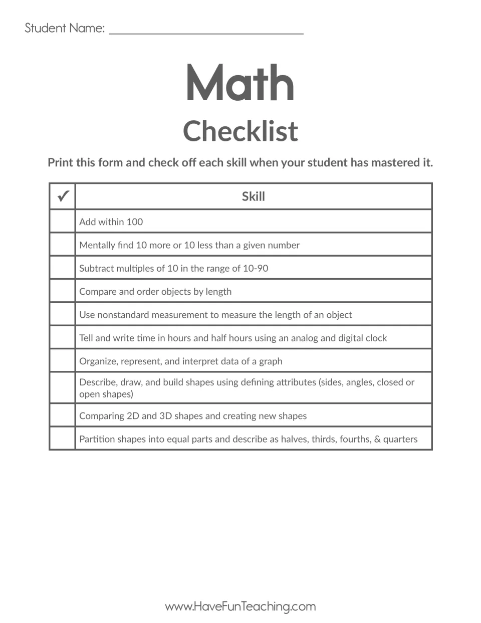 Math checklist part 2: check off skills like adding within 100, measuring length, telling time and partitioning shapes