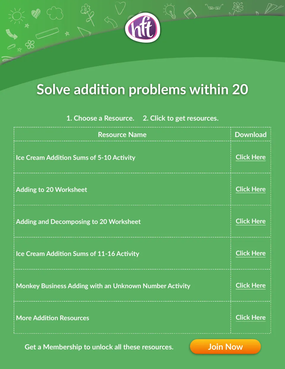 Solve addition problems within 20: links to Ice Cream Addition activities, Adding to 20 and decomposing worksheets