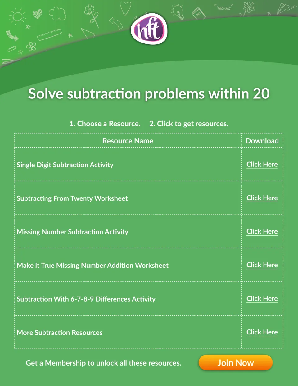 Solve subtraction problems within 20: links to single digit, missing number and 6-7-8-9 differences activities