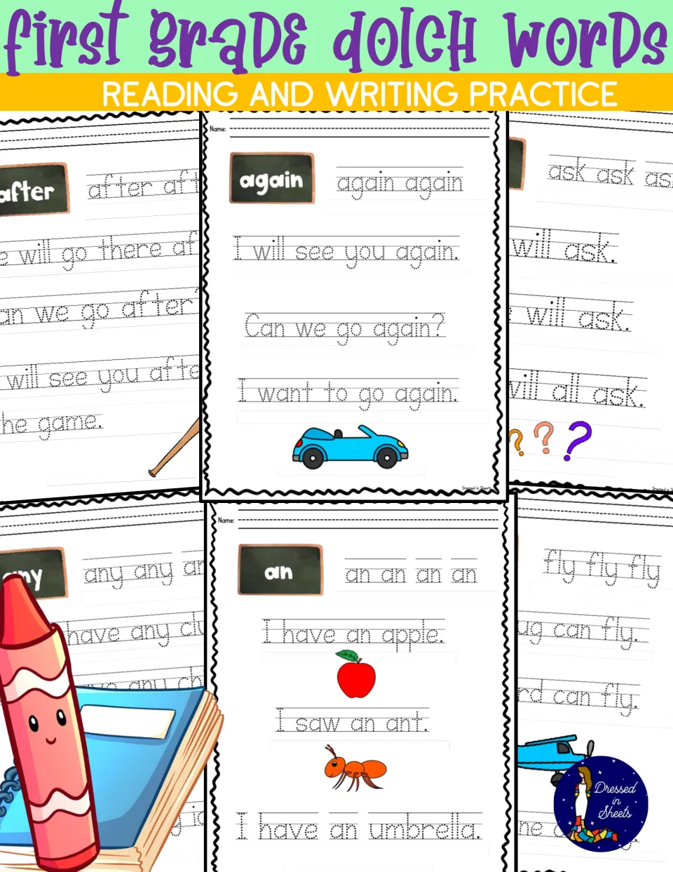 Cover: Dolch sight word reading and writing practice, previewing tracing pages for after, again, ask, any, an and fly