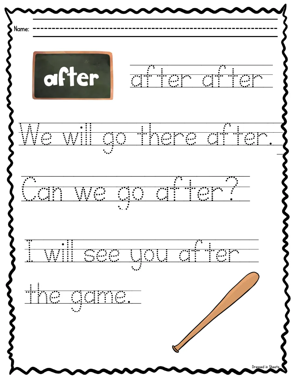 Sight word after: students trace the word, then trace sentences such as We will go there after and Can we go after?