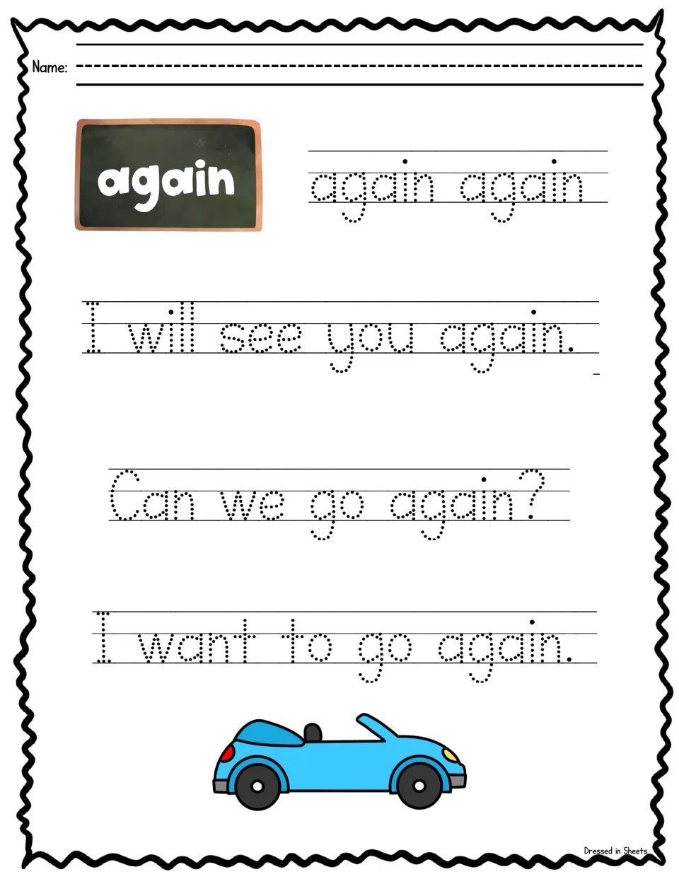 Sight word again: students trace the word twice, then trace I will see you again, Can we go again? and I want to go again