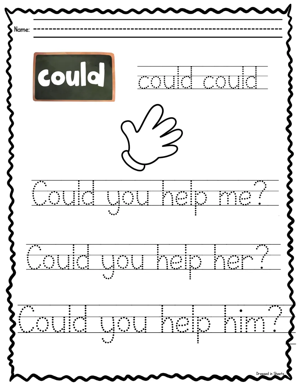 Sight word could: students trace could twice, then trace Could you help me?, Could you help her? and Could you help him?