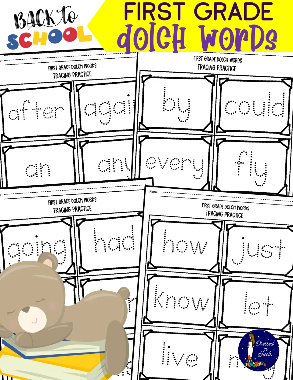 Back to school cover for First Grade Dolch Words showing dotted sight word tracing sheets like after, by, going and how