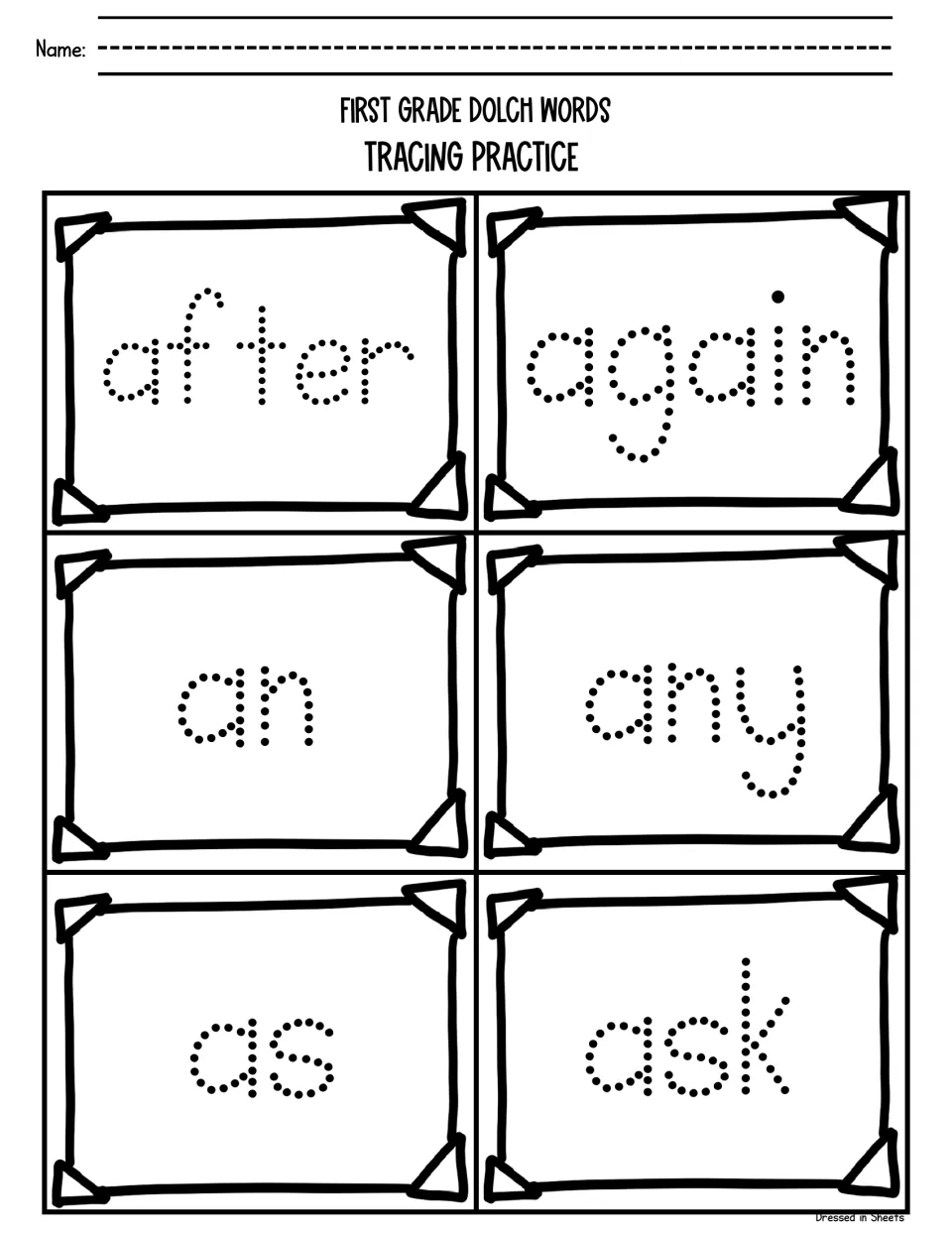 Dolch sight word tracing: students trace the dotted words after, again, an, any, as and ask to practise handwriting