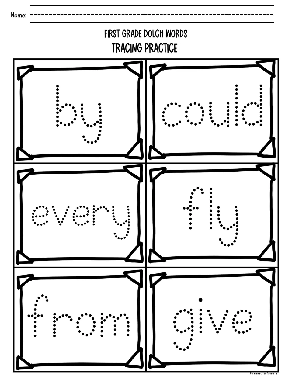 Dolch sight word tracing: students trace the dotted words by, could, every, fly, from and give to build letter formation