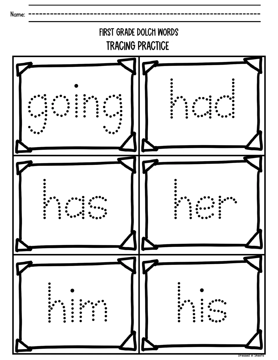 Sight word tracing practice: students trace dotted going, had, has, her, him and his, six Dolch words on one page