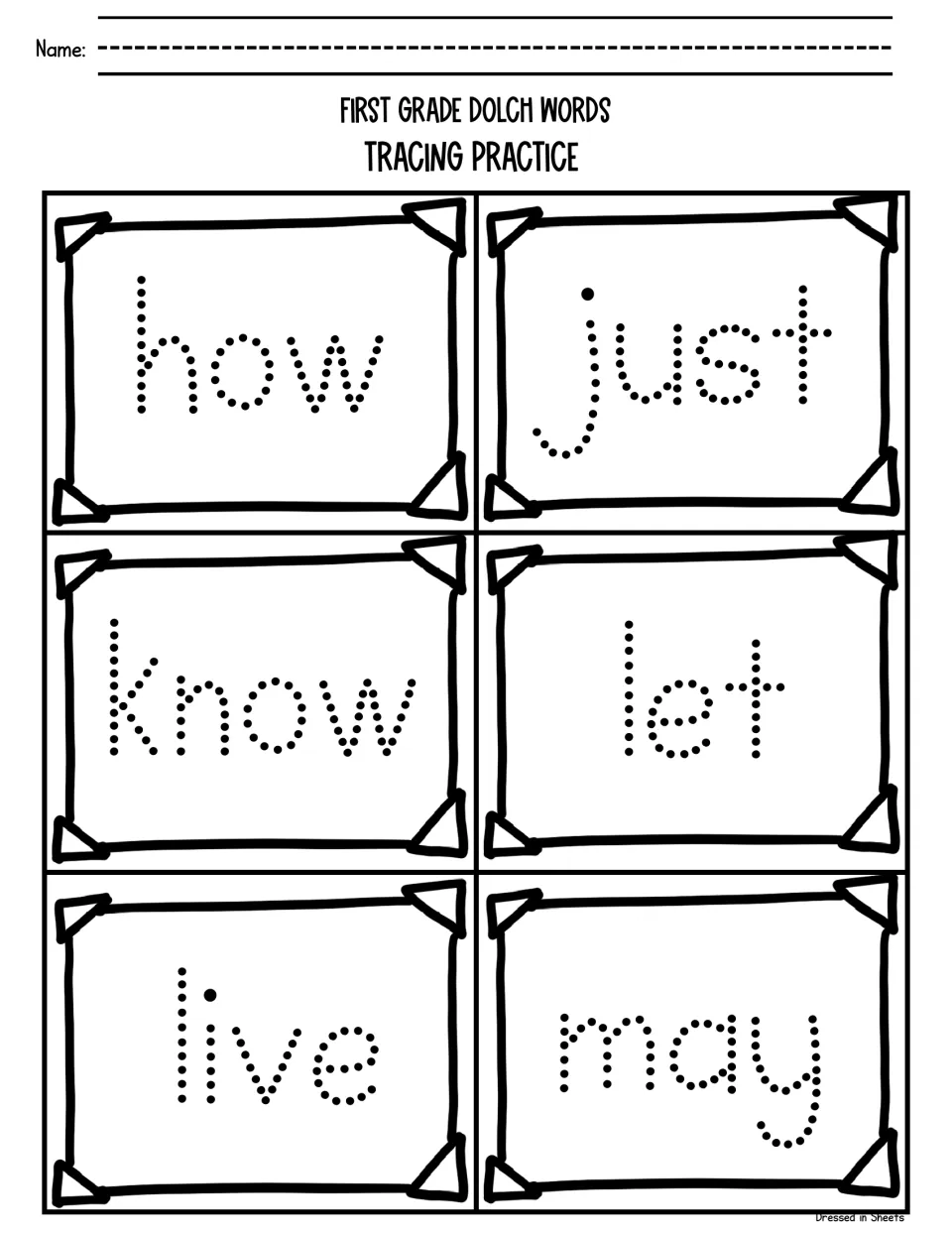 Dolch word tracing: students trace the dotted sight words how, just, know, let, live and may for handwriting practice