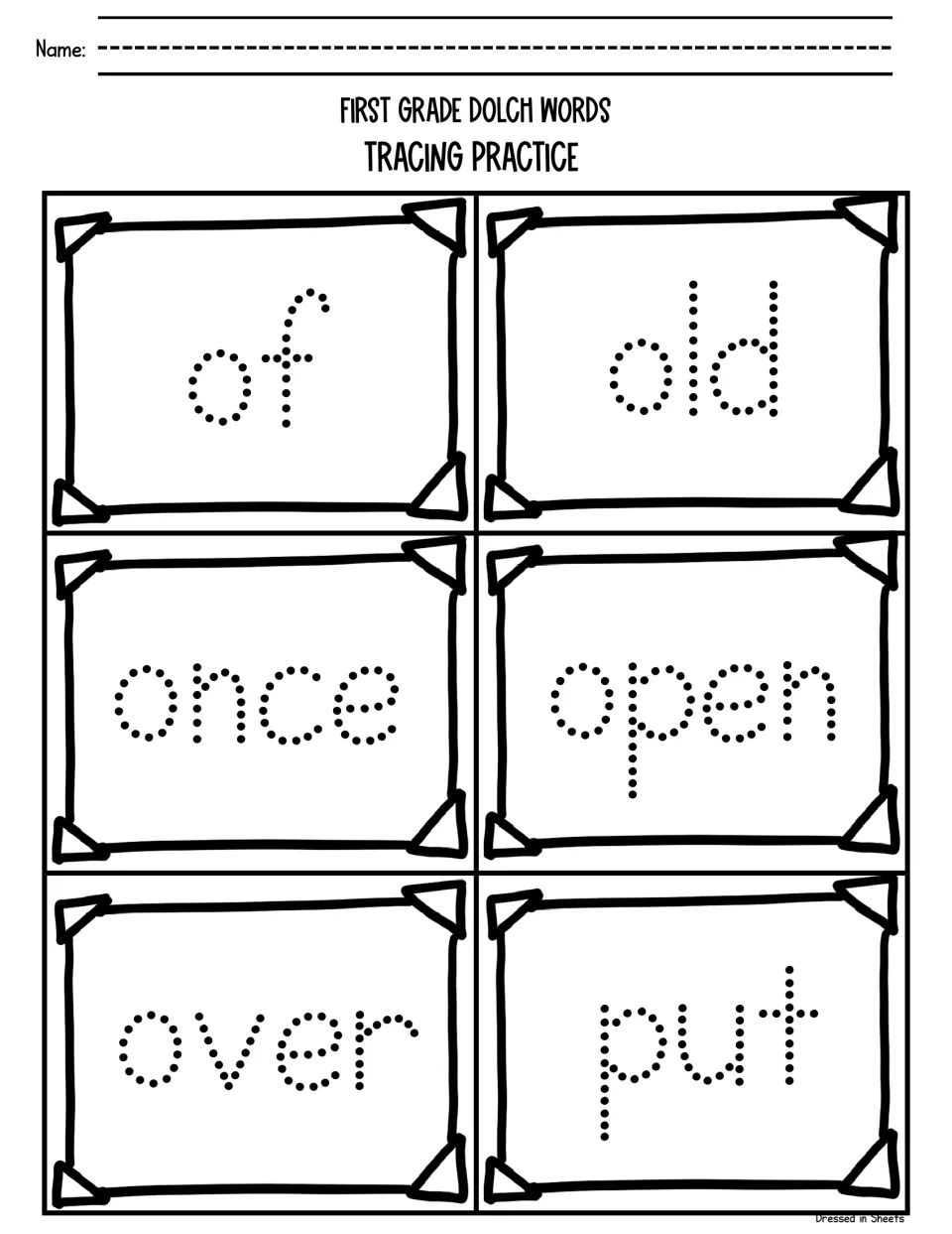 Sight word tracing sheet: students trace the dotted Dolch words of, old, once, open, over and put to practise spelling