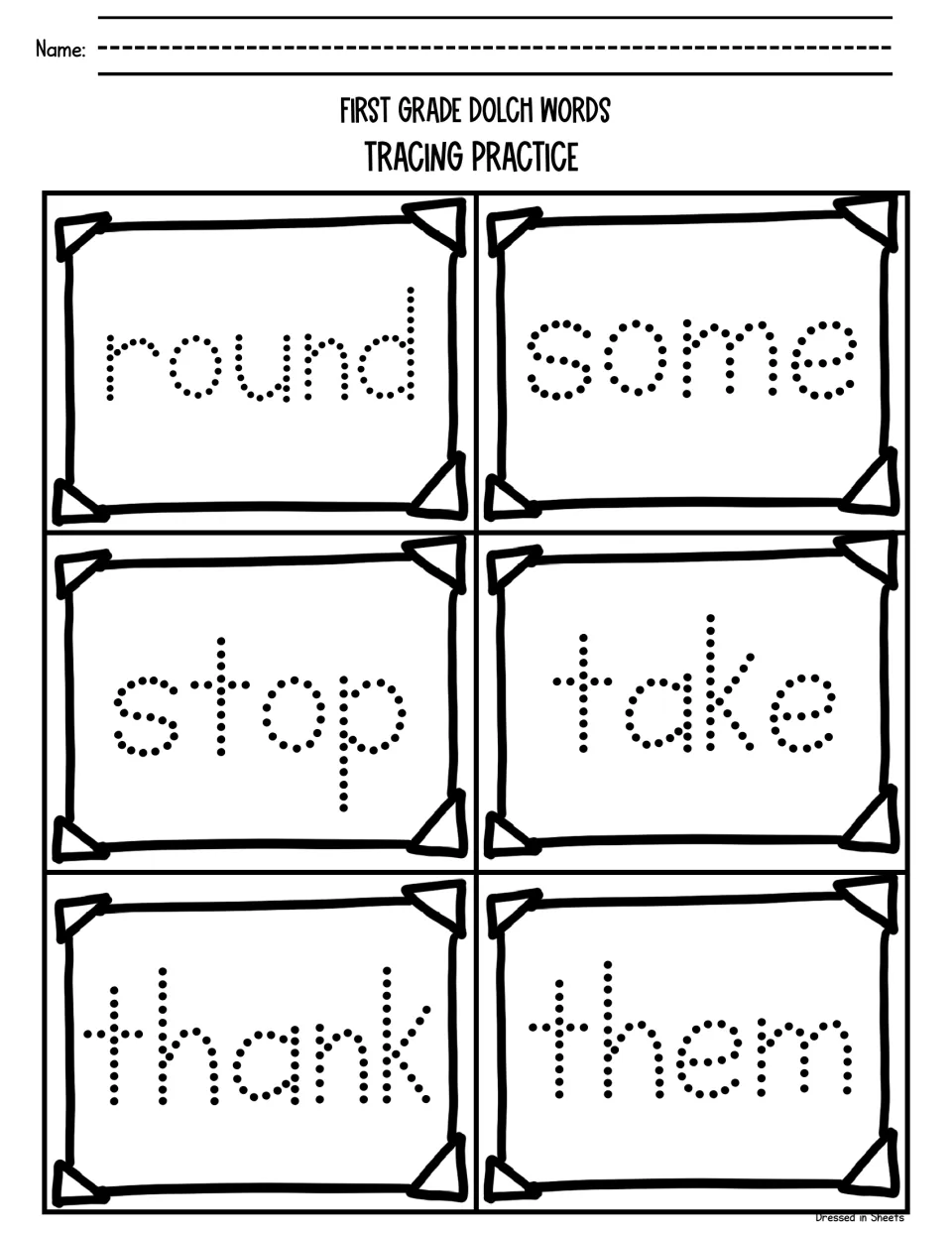 Dolch sight words to trace: students follow the dots to write round, some, stop, take, thank and them in print letters