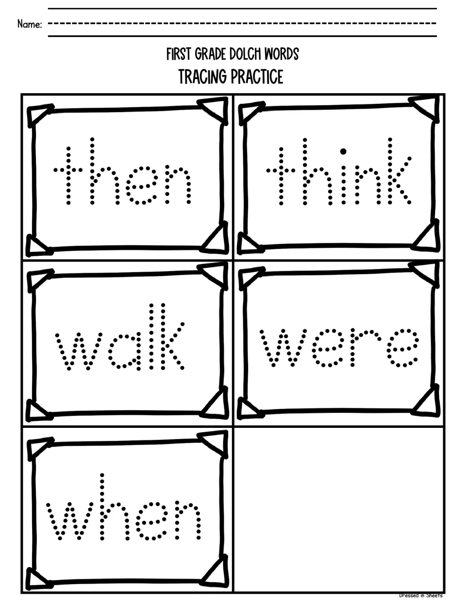 Final sight word tracing set: students trace the dotted Dolch words then, think, walk, were and when, five words in all