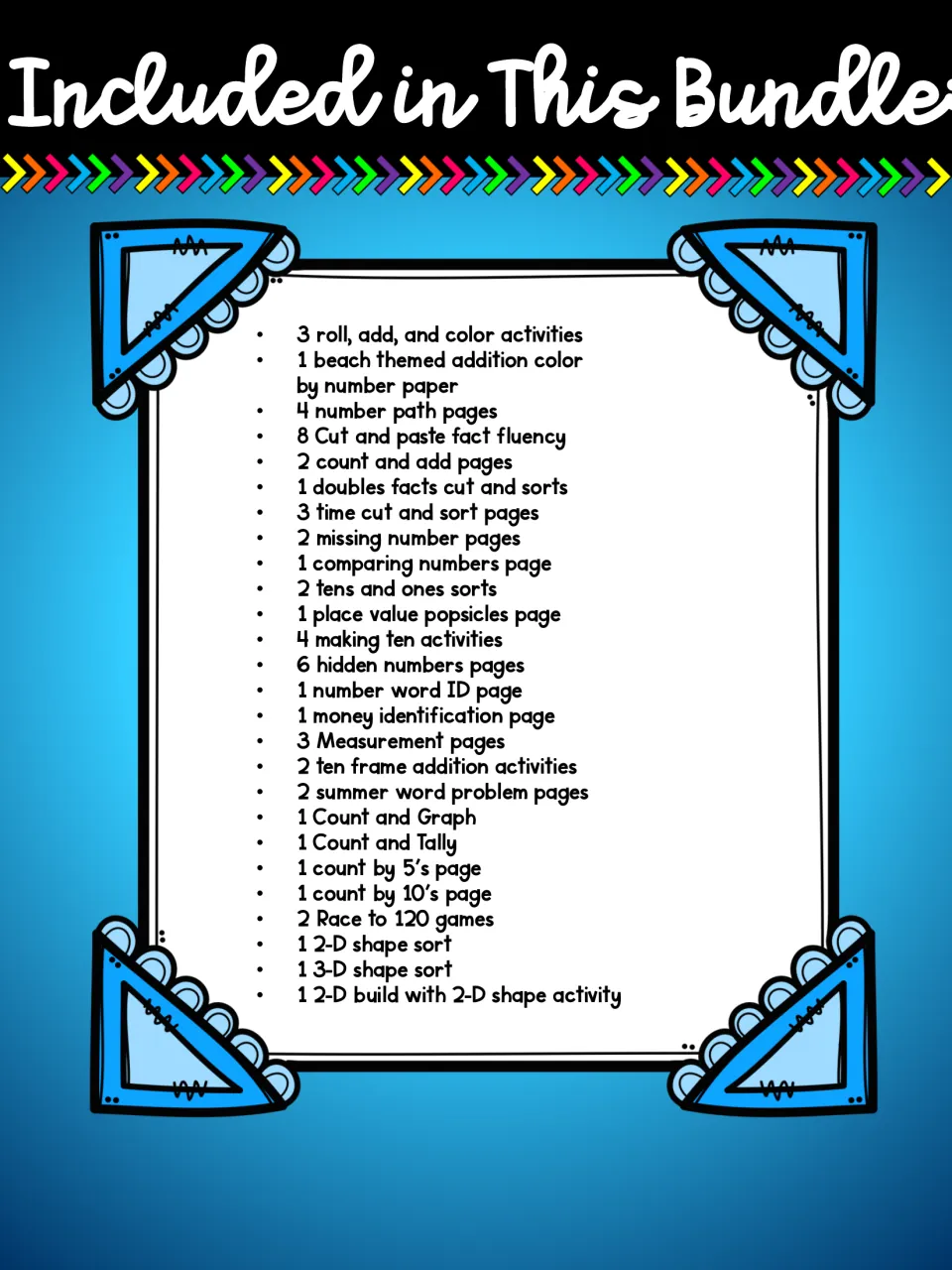 Bundle contents list: roll and color, number paths, fact fluency, place value, money, measurement, graphing and shape sorts