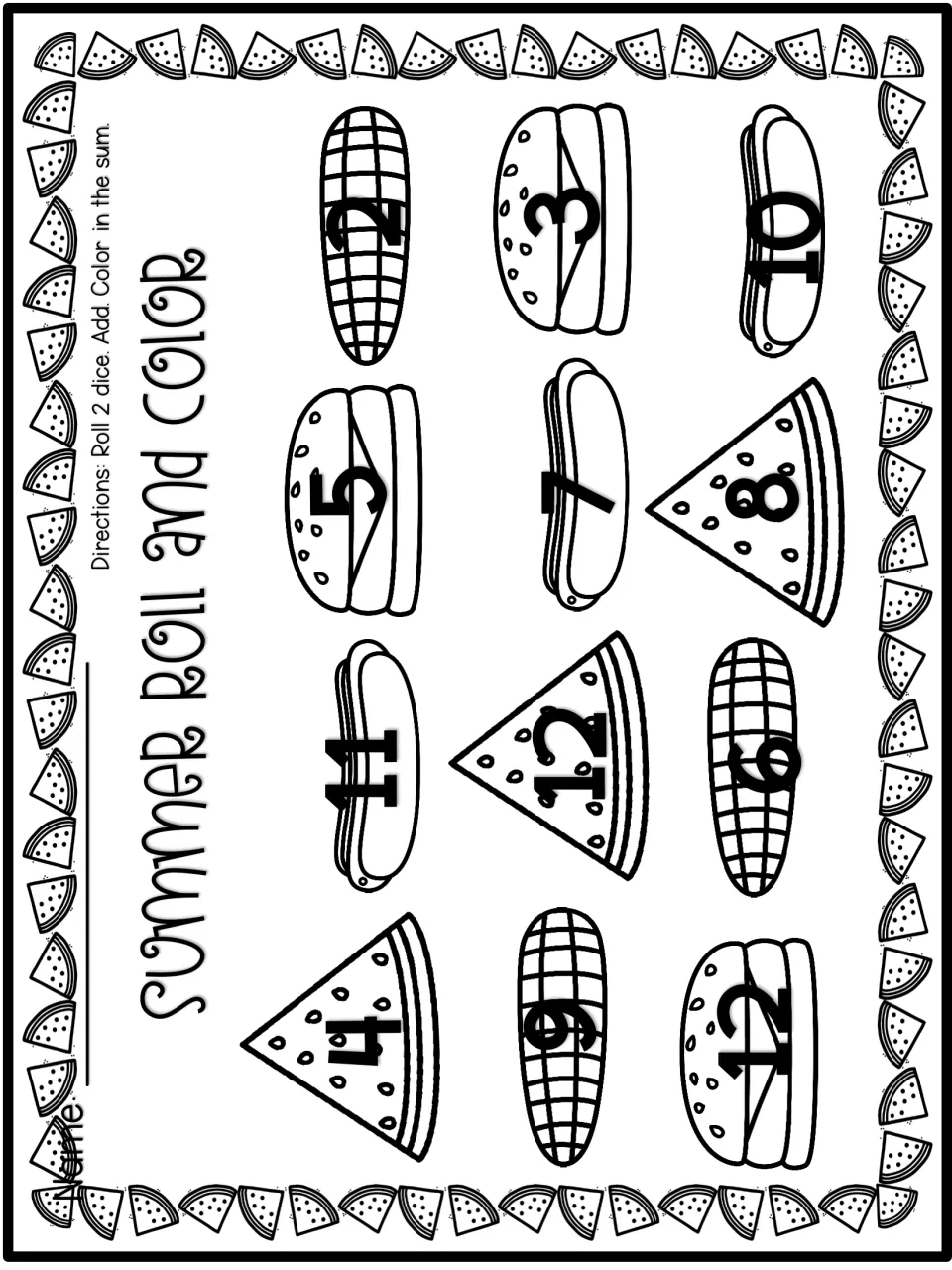 Summer Roll and Color: students roll 2 dice, add, and shade the matching sum on corn, burger, hot dog and watermelon art