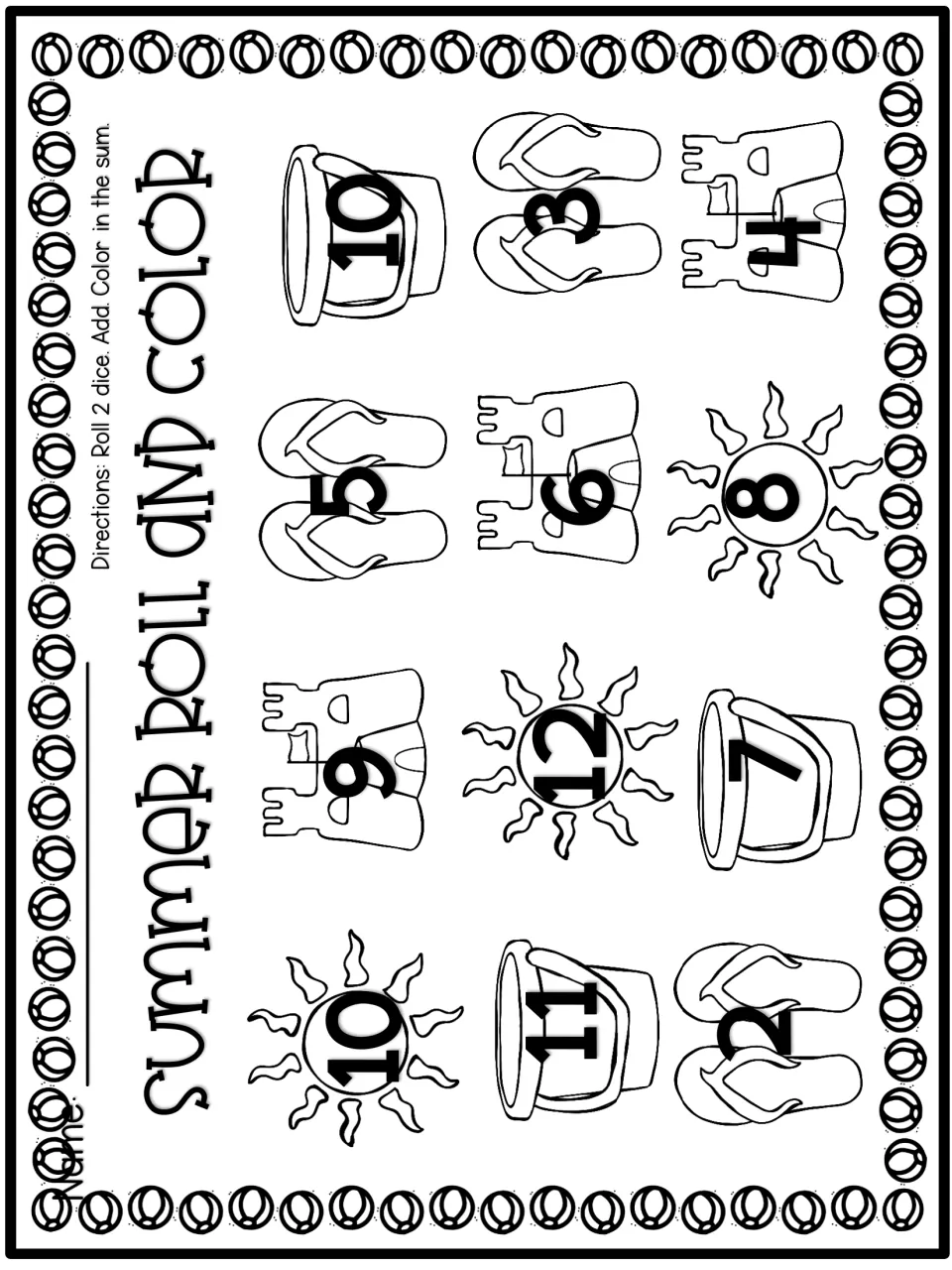 Summer Roll and Color: students roll 2 dice, add and shade the sum on flip-flops, sandcastles, sand pails and suns