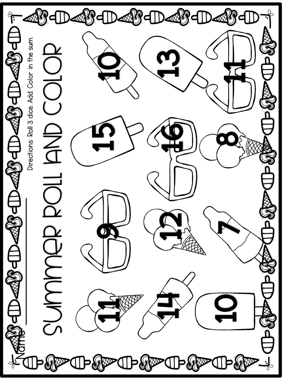 Summer Roll and Color with 3 dice: students add three numbers and shade sums 7 to 16 on popsicles, sunglasses and cones
