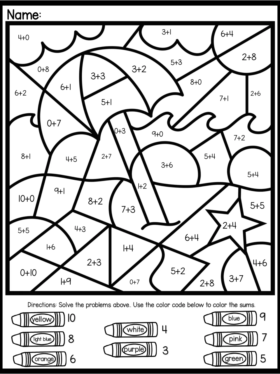 Beach umbrella scene: students solve sums to 10 such as 6+4 and 3+2, then shade each part using the crayon key