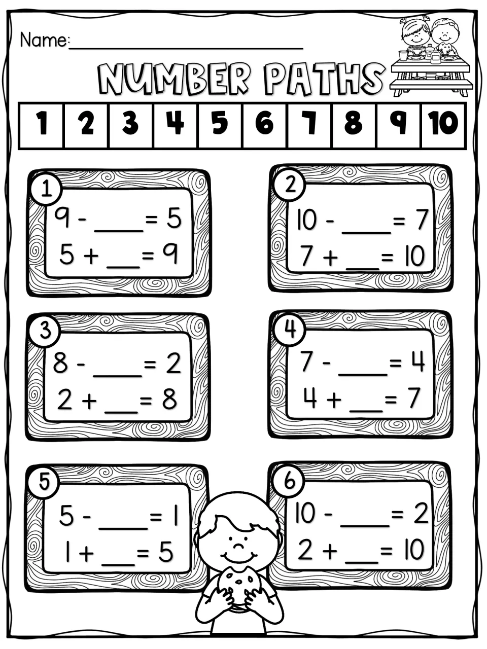 Number Paths: students use a 1 to 10 path to fill in missing parts of six related subtraction and addition fact pairs