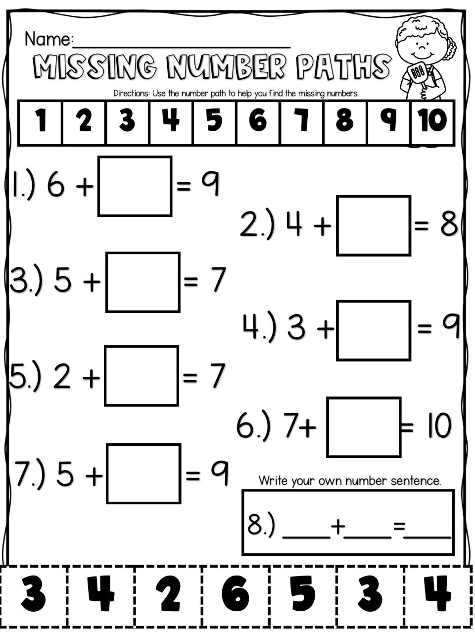 Missing Number Paths: students find missing addends for sums to 10, cut and paste number tiles, and write their own sentence