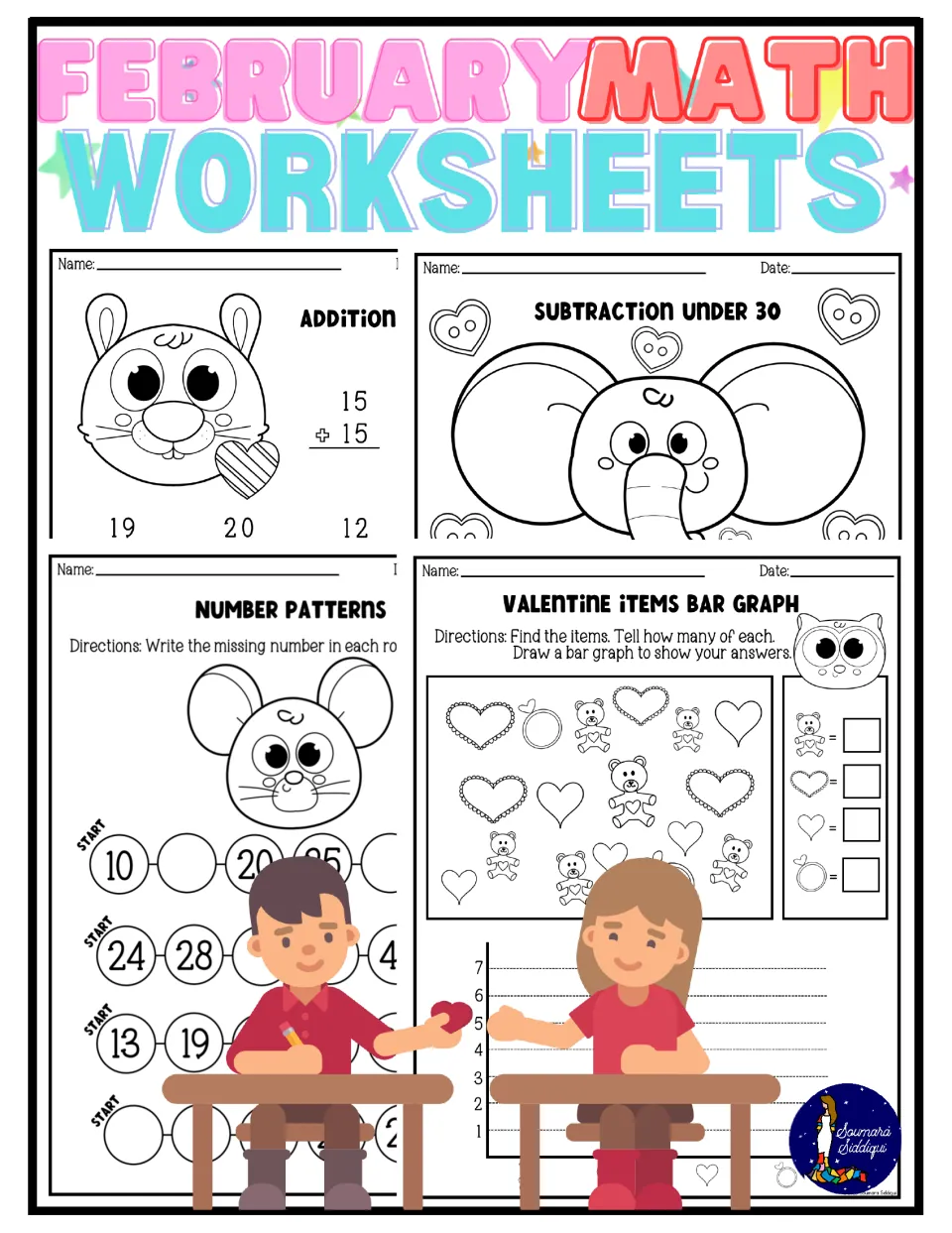 February Math Worksheets cover showing addition, subtraction under 30, number patterns and a Valentine items bar graph