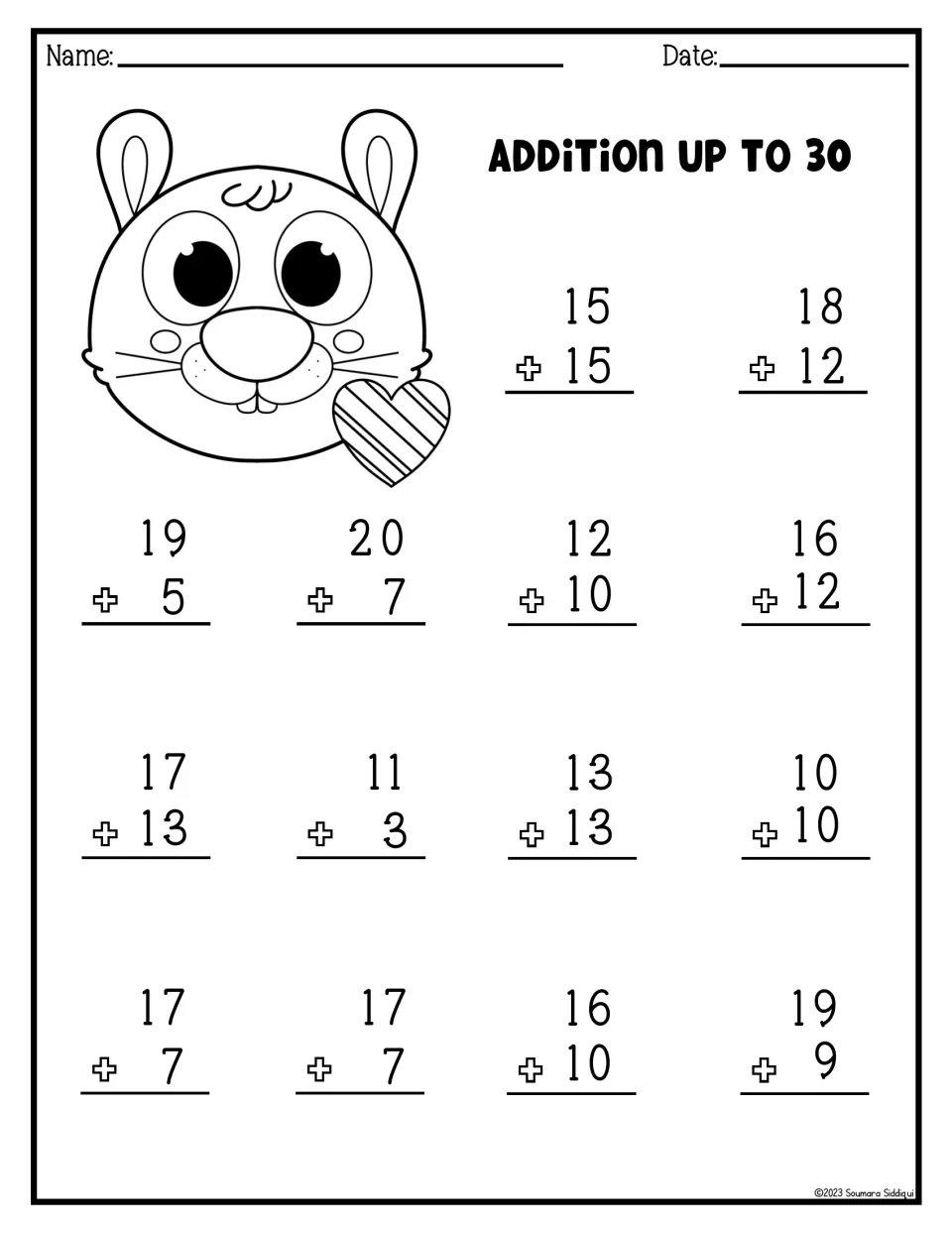 Addition up to 30: students solve 14 vertical two-number sums such as 15 + 15, 19 + 5, 16 + 10 and 19 + 9